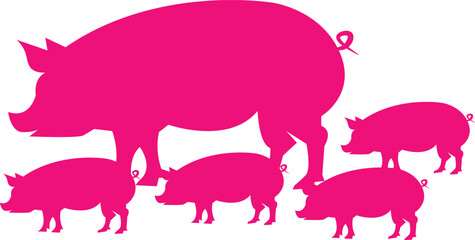 Cute pink silhouette illustration of a mother pig with her small piglets representing animal family and livestock farming © Ema Ariska Barus