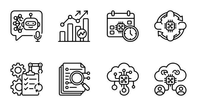 8 AI Machine Learning linear icon set chatbot analytics calendar automation, UI and web interface design