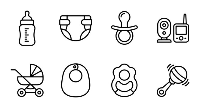 8 Baby Care linear icon set bottle, diaper, pacifier, monitor, stroller, bib, rattle, UI and web interface design