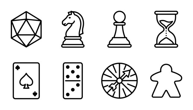 10 Board Game linear icon set dice chess cards dominoes spinner meeples, UI and web interface design