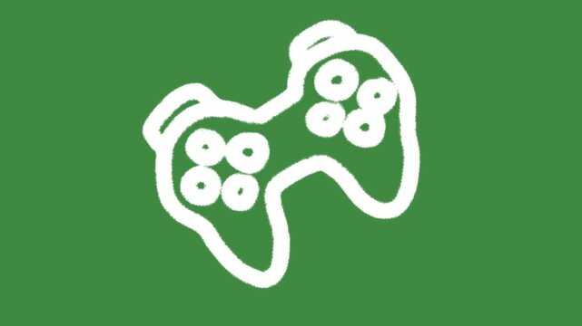 Video game controller console hand-drawn cartoon graphic with chalk outline gamepad joystick notification icon isolated on green screen background for entertainment line art element concept.