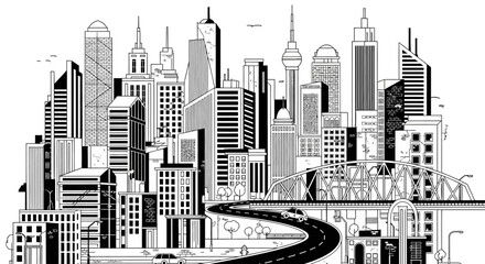 Fototapeta premium Black and white cityscape illustration with skyscrapers and road vector design