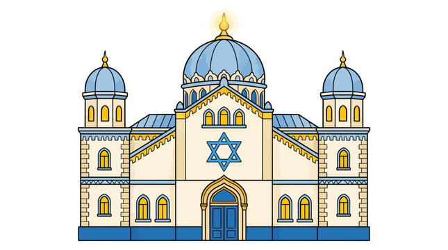Colorful illustration of a Jewish synagogue building with blue dome.