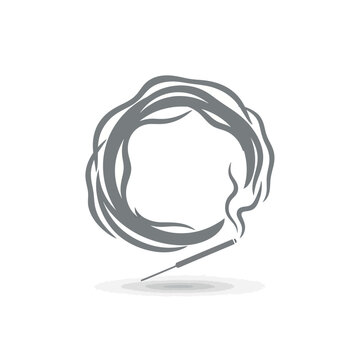 Minimalist grey incense stick illustration with smoke forming a decorative circular frame for spiritual zen design