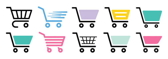 Set of ten colorful shopping cart with various line weights and solid fill styles arranged in two rows on a plain white background for retail and e-commerce web interface navigation © SHUVO