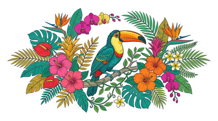 Obraz premium Colorful Toucan Bird Surrounded by Tropical Flowers and Exotic Leaves