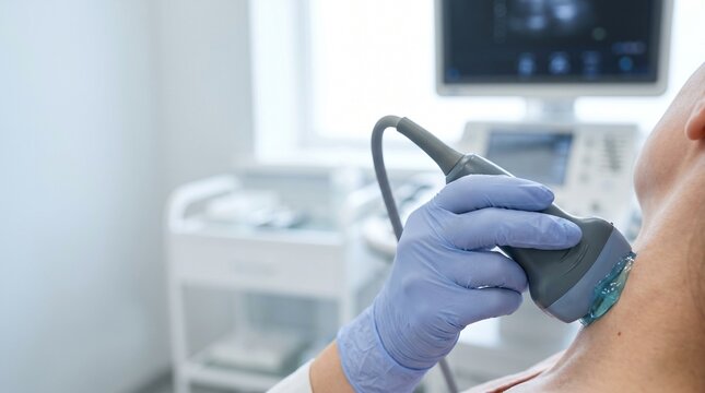 Doctor performing thyroid ultrasound on patient&rsquo;s neck with linear probe in modern clinic, concept of endocrinology diagnosis, thyroid screening and neck examination.