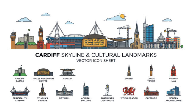 Cardiff Skyline & Cultural Landmarks Vector Icon Sheet