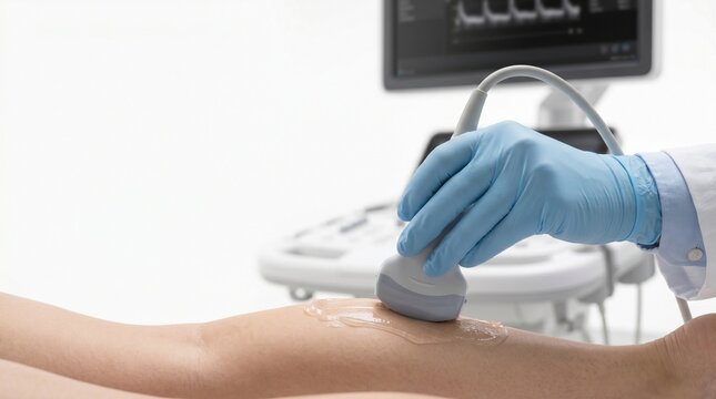 Doctor performing vascular ultrasound on patient&rsquo;s lower leg with gel and probe in clinic, concept of venous Doppler scan, vein diagnostics and DVT screening.