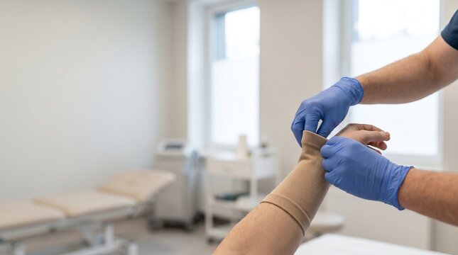 Clinician adjusting compression sleeve on patient&rsquo;s wrist in clinic, concept of edema management, orthopedic support and rehabilitation care.