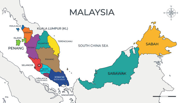 Colorful Map of Malaysia with States and Major Cities Labeled