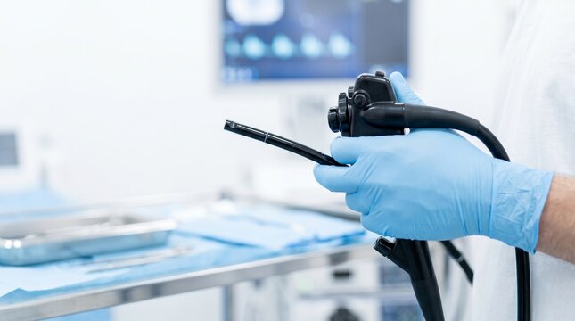 Clinician holding flexible endoscope in modern procedure room, concept of endoscopy preparation, minimally invasive diagnostics and gastroenterology care.