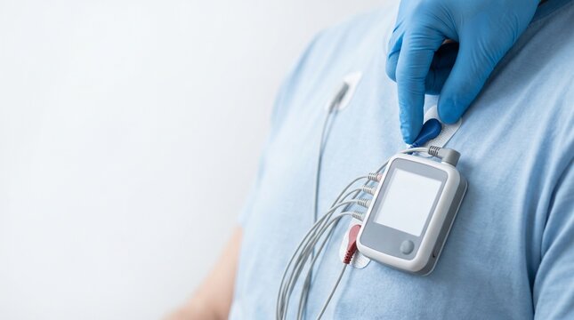 Clinician attaching Holter monitor electrodes to patient&rsquo;s chest in modern clinic, concept of ambulatory ECG monitoring, heart rhythm diagnosis and cardiology care.