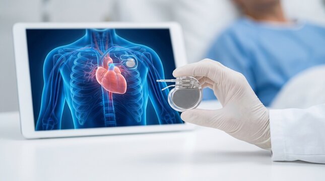 Doctor holding implantable cardiac pacemaker beside digital heart anatomy on tablet, concept of arrhythmia treatment, cardiology care and heart rhythm therapy.
