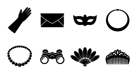 Elegant Masquerade Accessories, Black Icons Set: Gloves, Mask, Necklace, Fan, Tiara, Binoculars, Envelope © Sijan