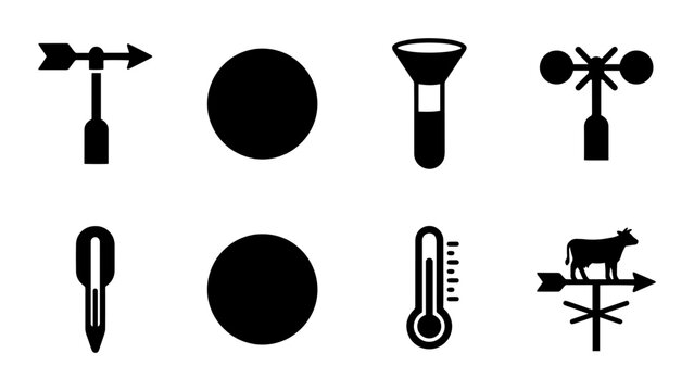 Weather Instruments Icons: Wind Vane, Thermometer, Anemometer, Barometer, Flashlight, Cow Weathervane, 8 Icons