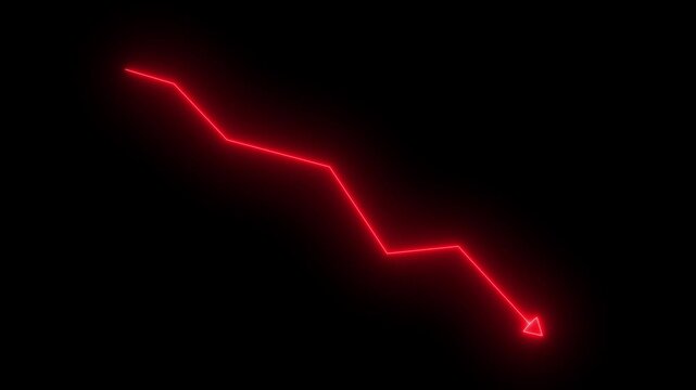 Abstract futuristic neon blue Glowing red  downward graph with arrow indicating decline, loss, and negative trends on a dark, abstract background, perfect for conveying risk, crisis animation. 4k