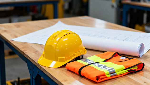 Industrial safety equipment mockup composition showing bright yellow hard hat and neon orange safety vest on a wooden industrial workbench table