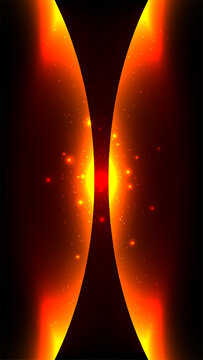 Abstract glowing orange and yellow energy beams forming a fiery hourglass shape on a dark background as dynamic digital artwork, futuristic concept designs