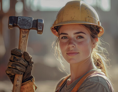 Female Construction Worker Holding Hammer at Building Site