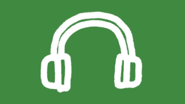 Headphones audio sound equipment hand-drawn cartoon graphic with chalk outline headset and podcast notification icon isolated on green screen background for listening symbol and customer support.
