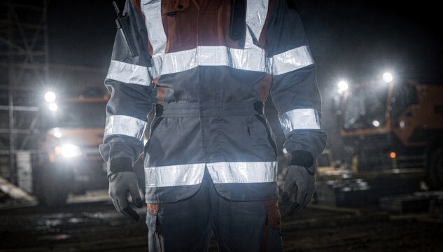 Shot focusing on reflective tape on workwear overalls enhancing visibility and safety in lowlight construction zones.