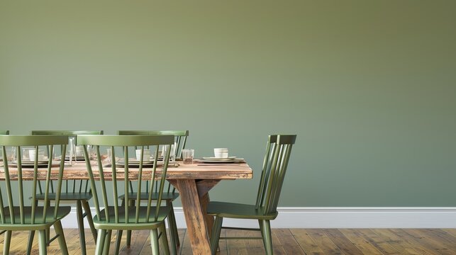 An Empty Dining Room Scene Featuring a Long Rustic Wooden Table and Green Chairs Against a Pale Green Wall