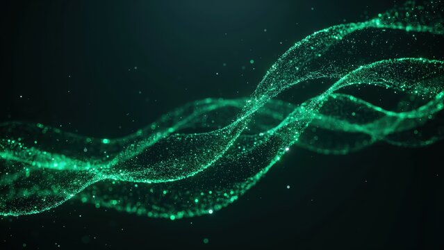 Abstract Green Strand Illustration with Glowing Particles in Dark Background