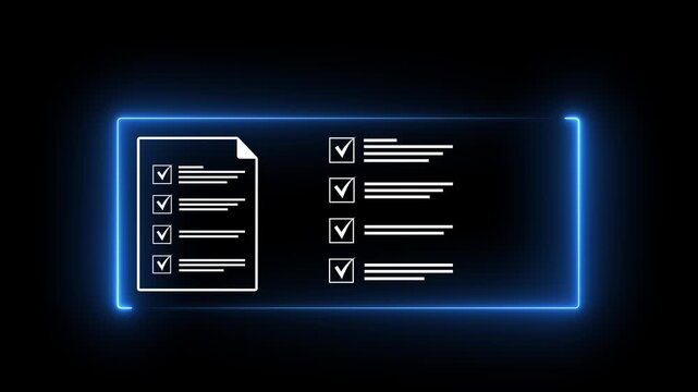 Abstract futuristic neon  glowing digital checklist and survey form document icon with check marks inside a glowing frame on a black background. checklist and clipboard task documentation management