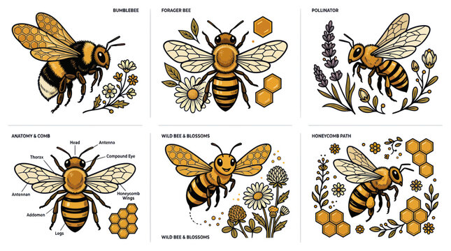 Honeybee Illustrations: Anatomy, Pollination, and Nature