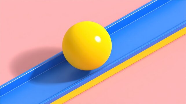 Bright yellow sphere rests on an inclined blue and yellow chute against a pastel pink background