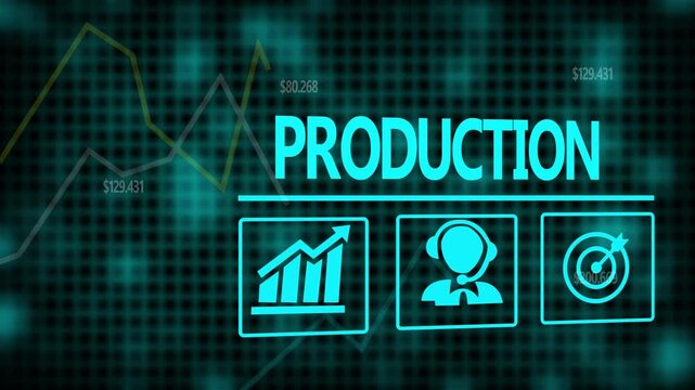 Production business concept on a flashing computer monitor with moving graphs and data.