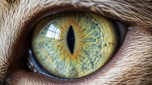 Extreme close-up of a cat's eye, showcasing its vibrant green and gold iris with intricate patterns and a vertical slit pupil.