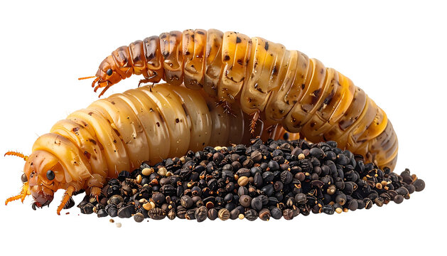 Close-up of two larvae atop small black seeds against a black background