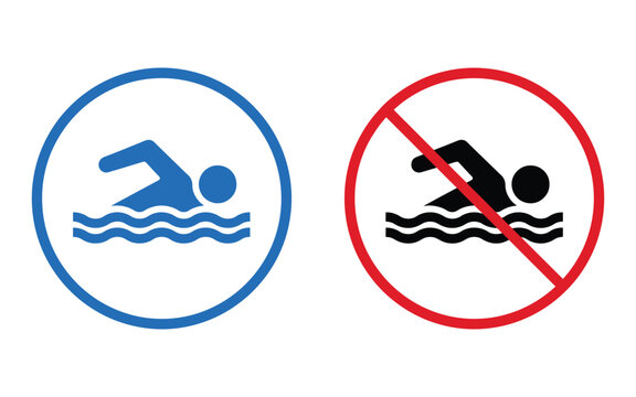 Swimming area and restricted swimming sign collection featuring safety water zone symbols, no swimming prohibition graphics, hazard warning icons, and vector illustration designs