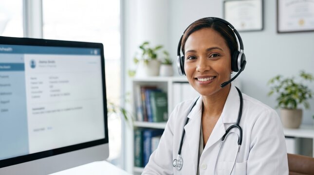 Smiling female doctor wearing headset for telemedicine consultation in office, remote healthcare service concept