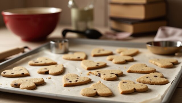 Assorted homemade heart-shaped chocolate chip cookies on a baking sheet, fresh from the oven and ready to be enjoyed.