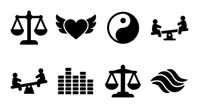 Balance and Harmony Icons: Scales of Justice, Yin Yang, Heart Wings, Waves, Equality Symbols
