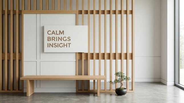 Calm Brings Insight text on minimalist wooden interior with bonsai