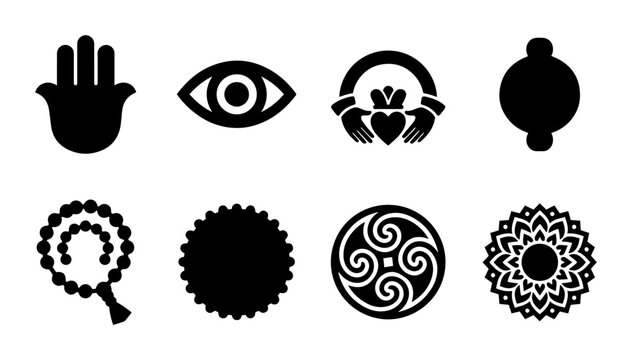 Spiritual Symbols Collection: Hamsa, Evil Eye, Claddagh, Mala Beads, Celtic Knot, Mandala Icons