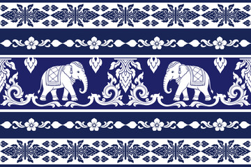 Elegant Thai and Indian elephant ornamental illustration featuring white elephants, floral scrollwork, and traditional decorative motifs in classic blue and white colors. © Noke