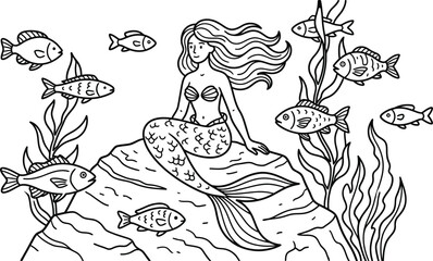 Fototapeta premium Beautiful mermaid sitting on a rock underwater coloring page with fishes and seaweeds. Perfect printable cartoon doodle illustration for children's activity books and magical fantasy art.