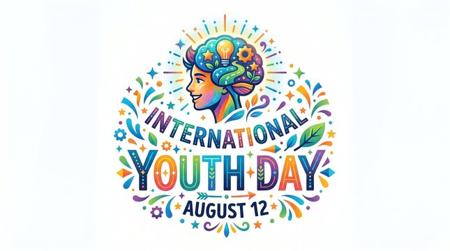 Colorful international youth day celebration design with creative brain icon and decorative elements
