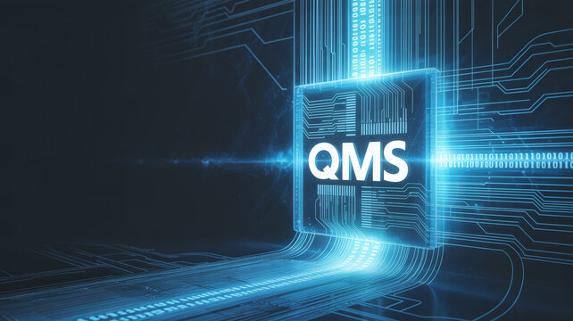 Quality management system qms concept with glowing blue circuit board