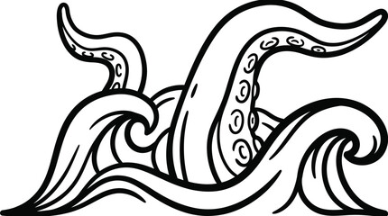 Dramatic sea monster octopus tentacles rising from ocean waves coloring page. Creative marine fantasy doodle line art printable perfect for kids adventure activity books and relaxing art therapy. © MdMasum