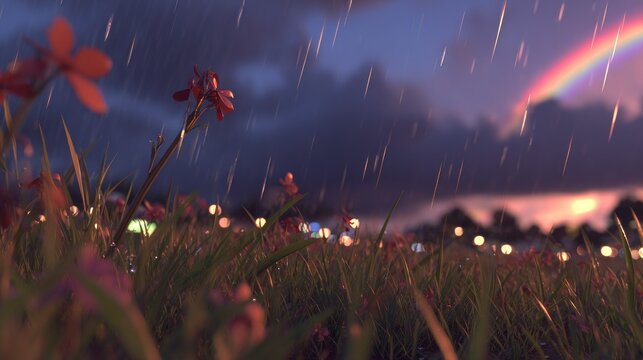 Lush foreground foliage and red blossoms endure a dramatic evening shower under a vibrant arc of color