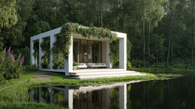 Modern minimalist structure nestles beside a calm body of water surrounded by dense woodland.