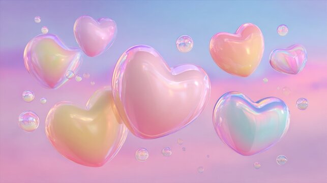 Several iridescent, glossy heart shapes float against a soft gradient background with small bubbles.