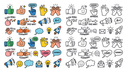Doodle Icons: Thumbs Up, Gestures, Megaphone, Rocket, Lightbulb, Speech Bubbles © purnama