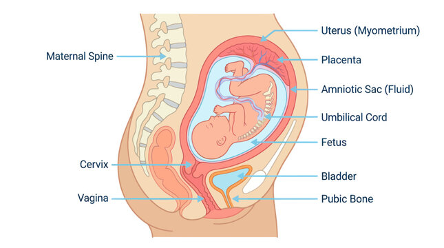 Fetus development in mother's womb, anatomical illustration